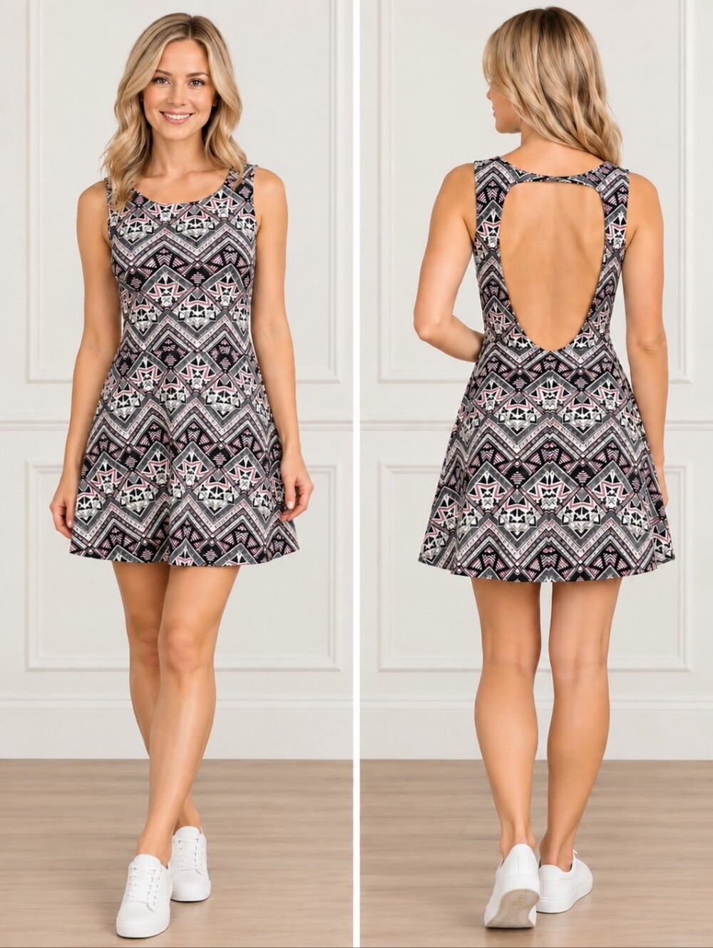Victoria's Secret Fit & Flare Black Pink Open-Back Skater Mini Dress Size XS